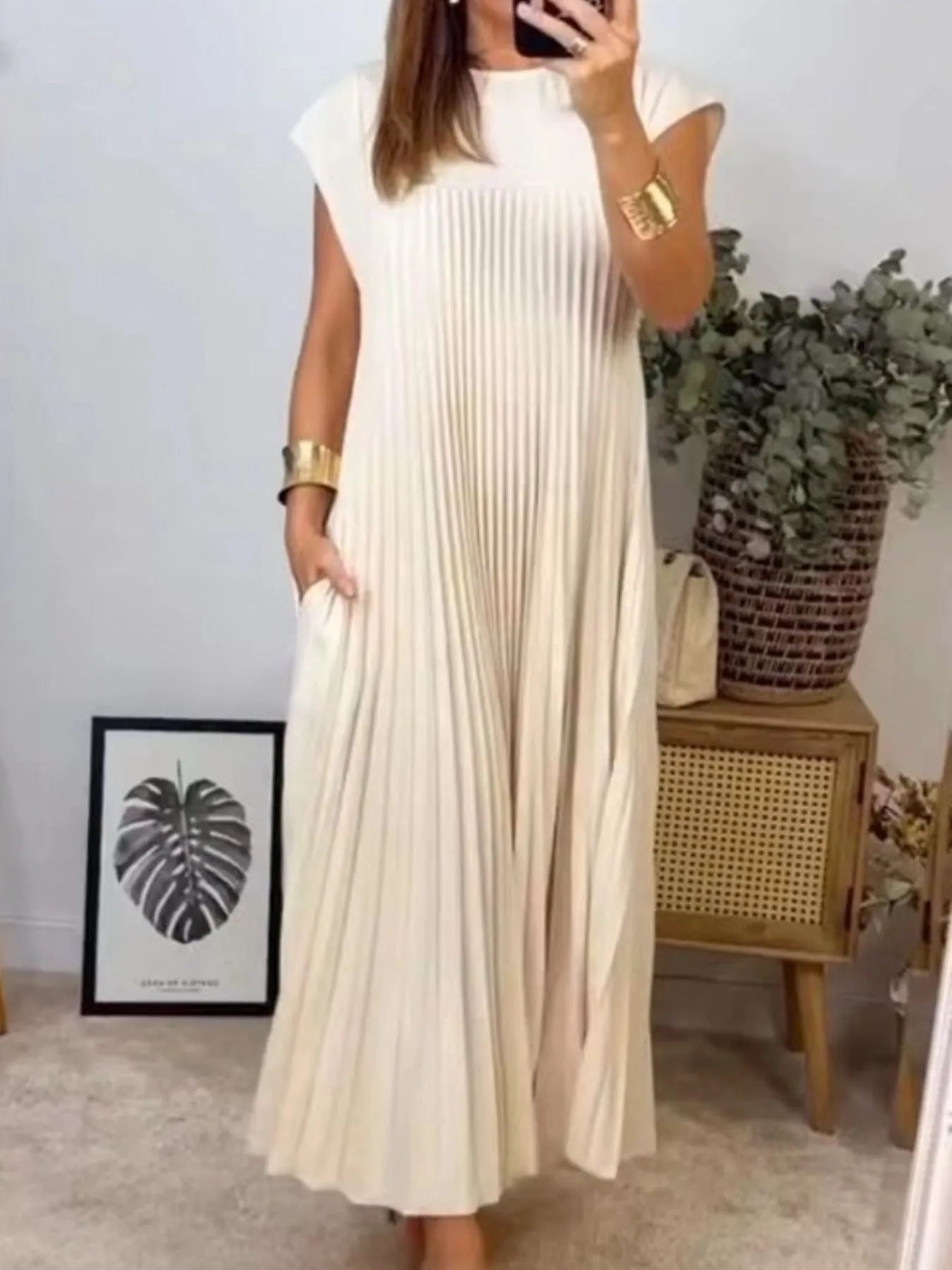 Plus Size Full Length Pleated Round Neck Maxi Dress with Pockets - Trendy Comfort
