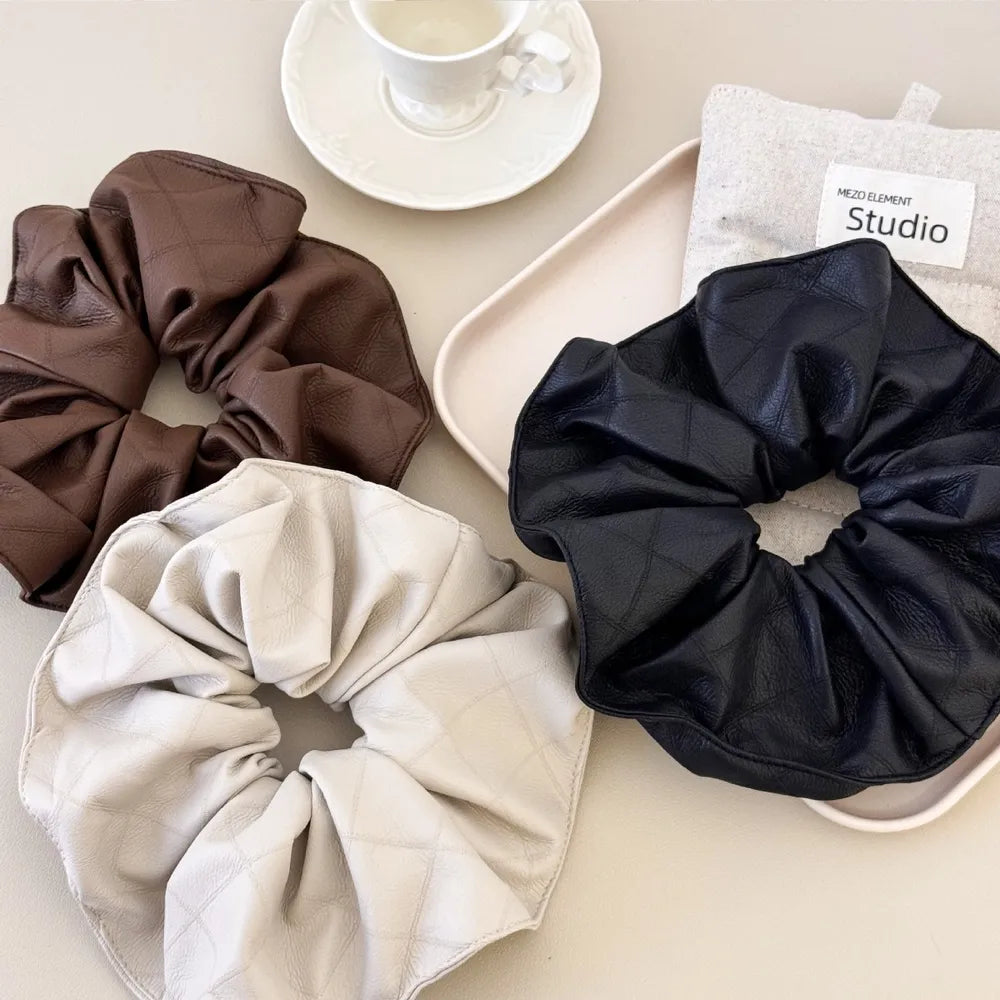 Set of 3 PU Leather Hair Scrunchies - Stylish Elastic Hold for Any Look