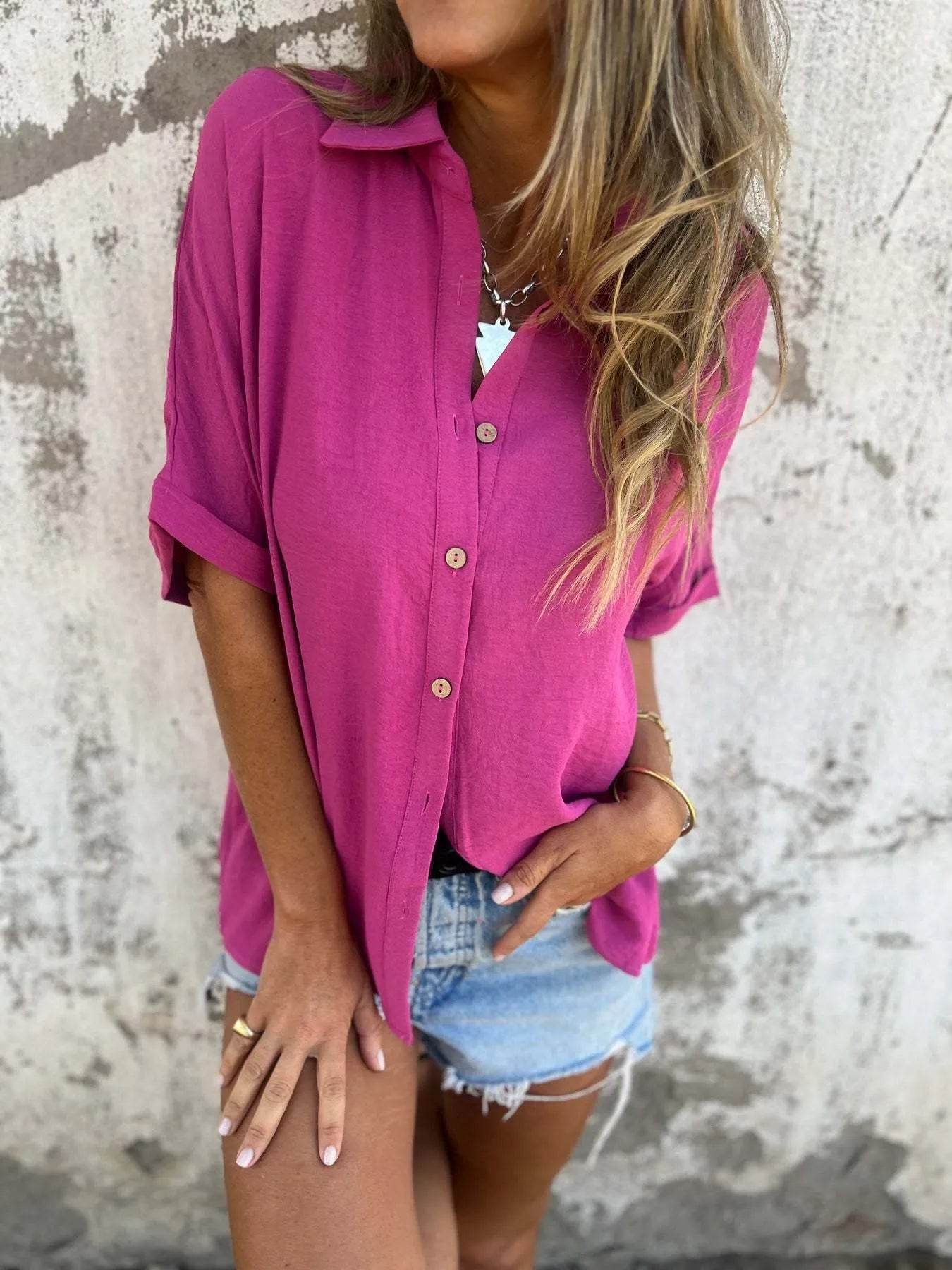 Full Size Casual Button Down Short Sleeve Loose Shirt Plus Size - Store 42