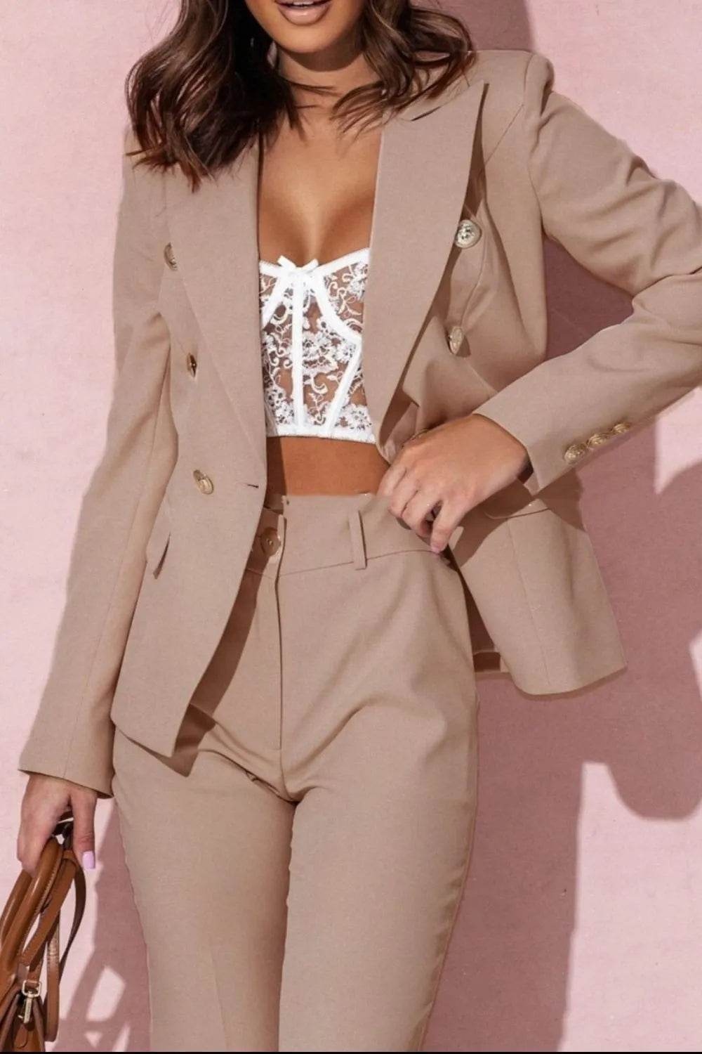 Full Size Lapel Collar Long Sleeve Blazer and Pants Set Plus Size - Store 42