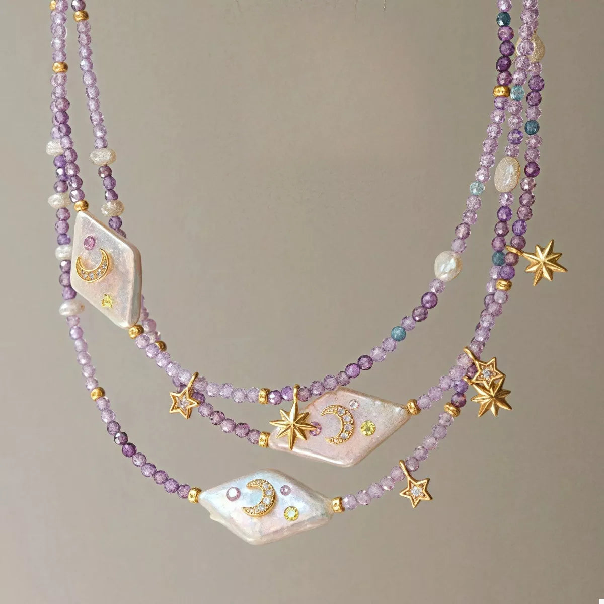 Freshwater Pearl Star and Moon Necklace with 18K Gold-Plated Accents and Zircon Beads