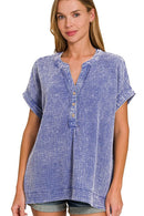 Zenana Washed Double Gauze 3/4 Button Henley Neck Shirt