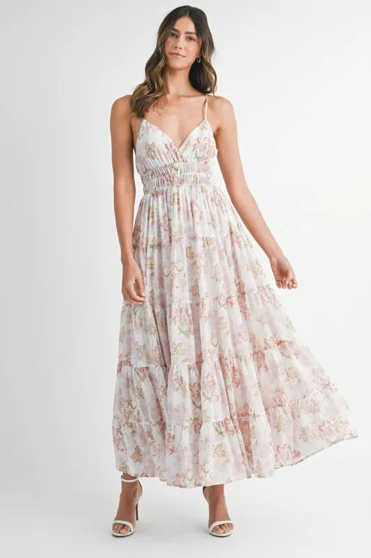 MABLE Floral Tiered Cami Maxi Dress with Slit and Crisscross Tied Detail - Summer Chic