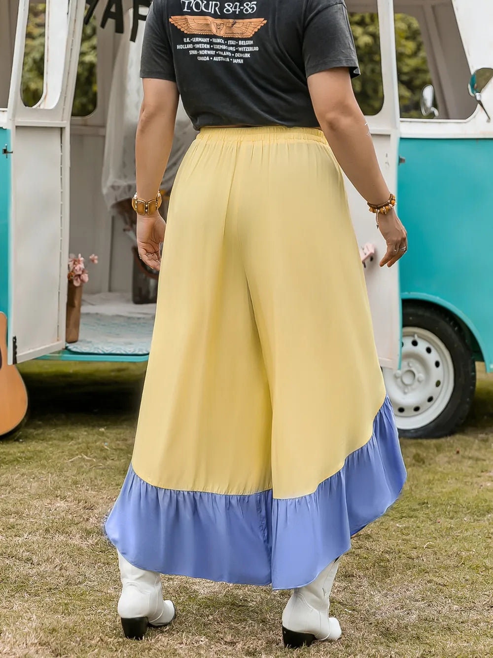 Stylish Plus Size 100% Viscose Contrast Ruffled Wide Leg Pants with Slit and Opaque Design