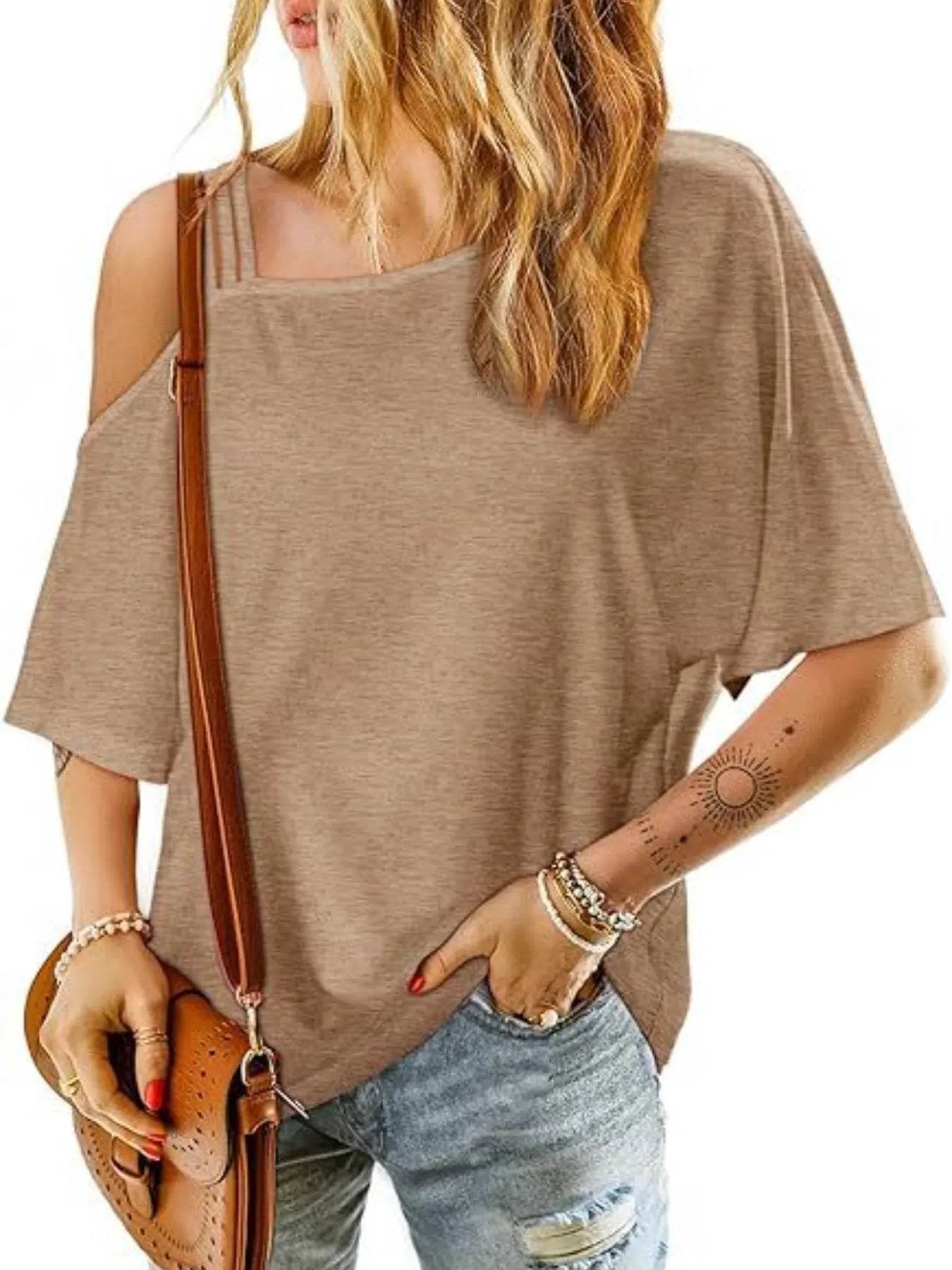 Trendsi Asymmetrical Neck Half Sleeve T-Shirt - Slightly Stretchy, 95% Polyester, 5% Spandex - Store 42