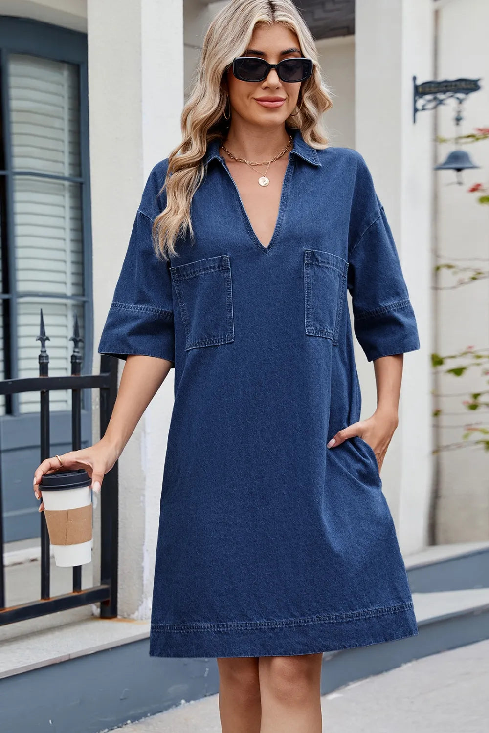 Stylish Johnny Collar Half Sleeve Denim Dress with Pockets – 95% Rayon, 5% Polyester