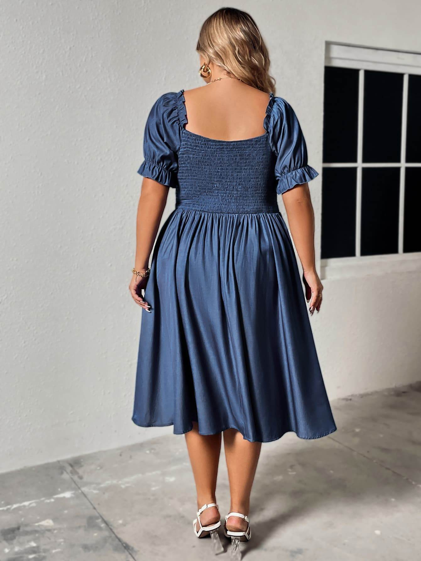 Honey Plus Size Ruched Sweetheart Neck Dress with Flounce Sleeves - Knee Length A-Line Style