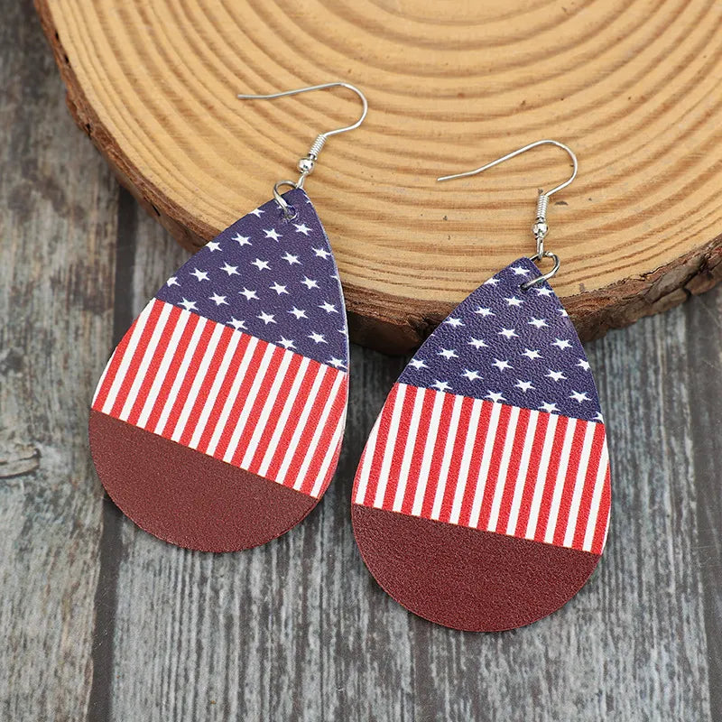 Stars And Stripes Teardrop Earrings - PU Leather Alloy - 3.1 Inch Statement Jewelry