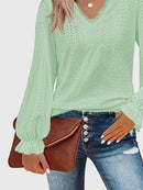 Trendy Eyelet V-Neck Blouse with Flounce Sleeves - Opaque, Highly Stretchy, Lined - 100% Polyester - Store 42