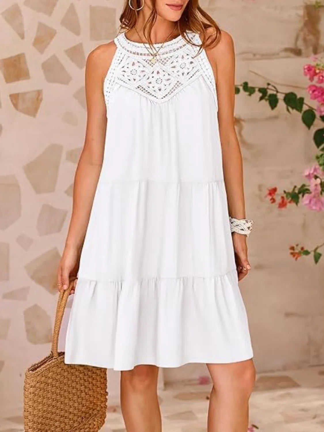 Elegant Ruffled Hem Lace Dress with Sleeveless Design - 95% Polyester & Button Closure