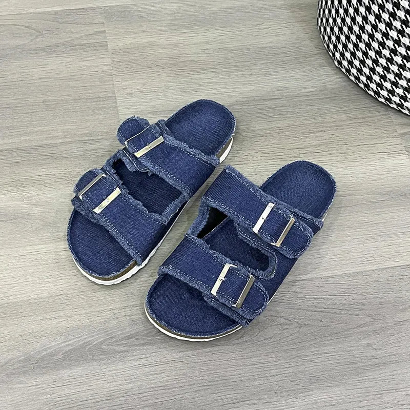 Raw Hem Open Toe Double Buckle Flat Sandals for Women - Canvas and Rubber Comfort