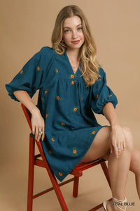 Umgee Corduroy Babydoll Dress with Floral Embroidery