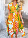 Devine Printed Johnny Collar Button Down Short Sleeve Midi Shirt Dress Tangerine