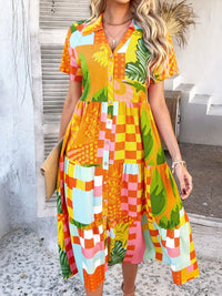 Devine Printed Johnny Collar Button Down Short Sleeve Midi Shirt Dress Tangerine