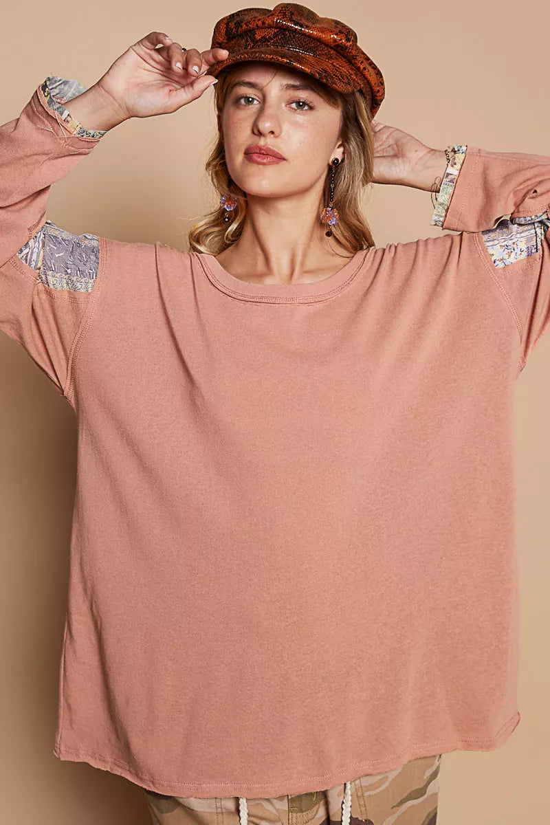 POL Round Neck Long Sleeve Roomy Fit Top with Stitch Detail