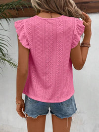 Elegant Eyelet Round Neck Cap Sleeve Top - 95% Polyester, No Stretch, Imported - Store 42