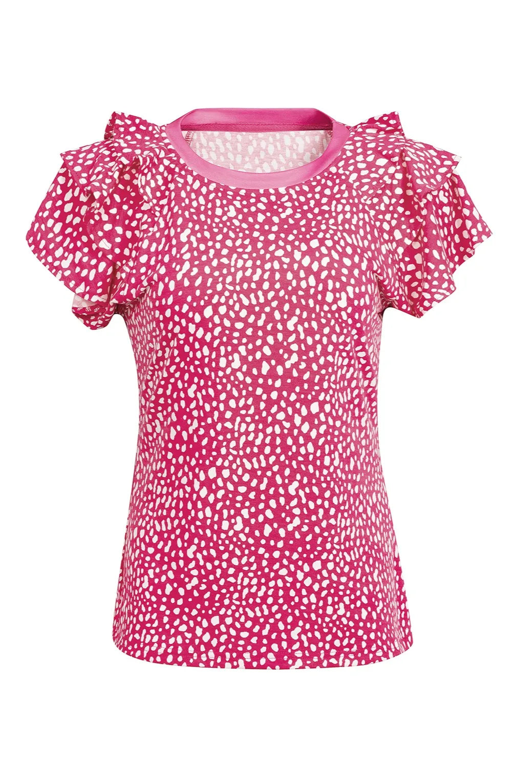 Ruffled Printed Blouse with Round Neck and Short Sleeves - Opaque, No Stretch, Machine Washable