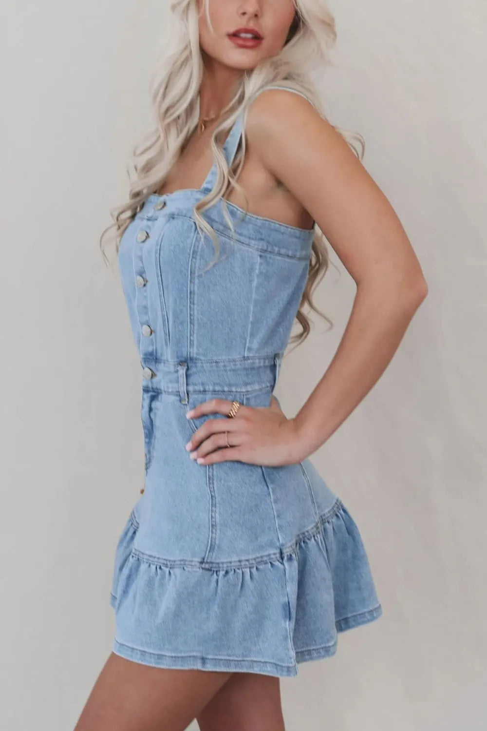 Ruffled Hem Denim Dress with Button Front and Square Neck - Timeless Style for Every Occasion