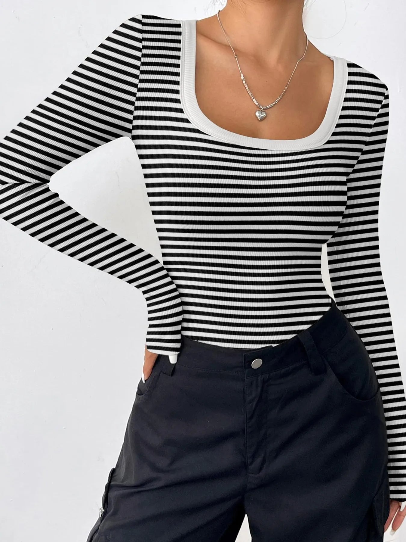 Trendsi Striped Long Sleeve Scoop Neck T-Shirt - Ribbed, Moderate Stretch, 100% Polyester