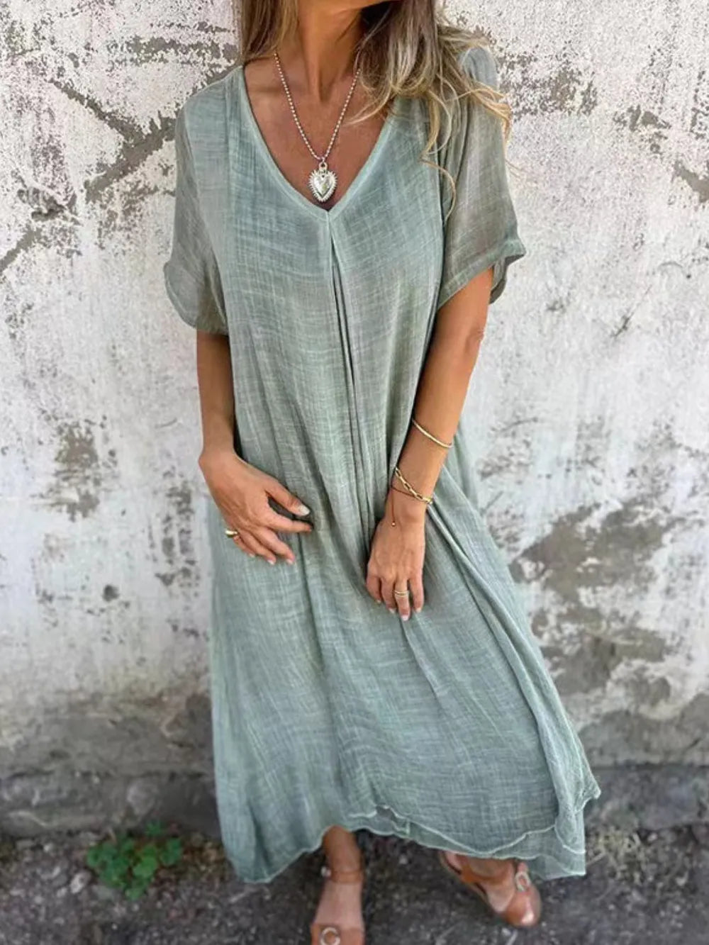 Full Size V-Neck Short Sleeve Midi Dress Plus Size Air Force Blue