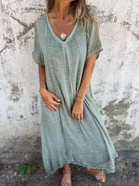 Full Size V-Neck Short Sleeve Midi Dress Plus Size Air Force Blue