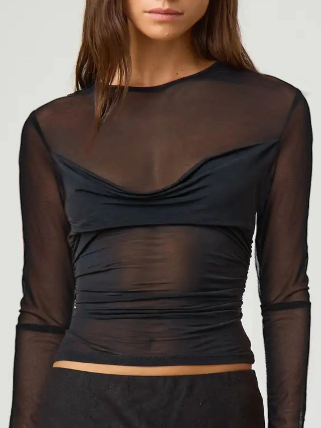 Trendy Ruched Sheer Mesh Long Sleeve Top - Stretchy Polyester Fashion Blouse