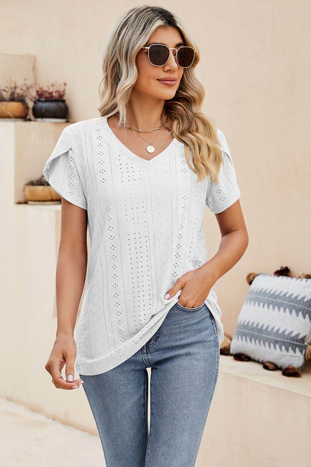 Trendsi Eyelet Petal Sleeve V-Neck Casual Knit Top - Solid Colors, Slightly Stretchy, Long Length - Store 42