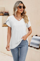 Trendsi Eyelet Petal Sleeve V-Neck Casual Knit Top - Solid Colors, Slightly Stretchy, Long Length - Store 42