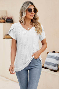 Trendsi Eyelet Petal Sleeve V-Neck Casual Knit Top - Solid Colors, Slightly Stretchy, Long Length - Store 42