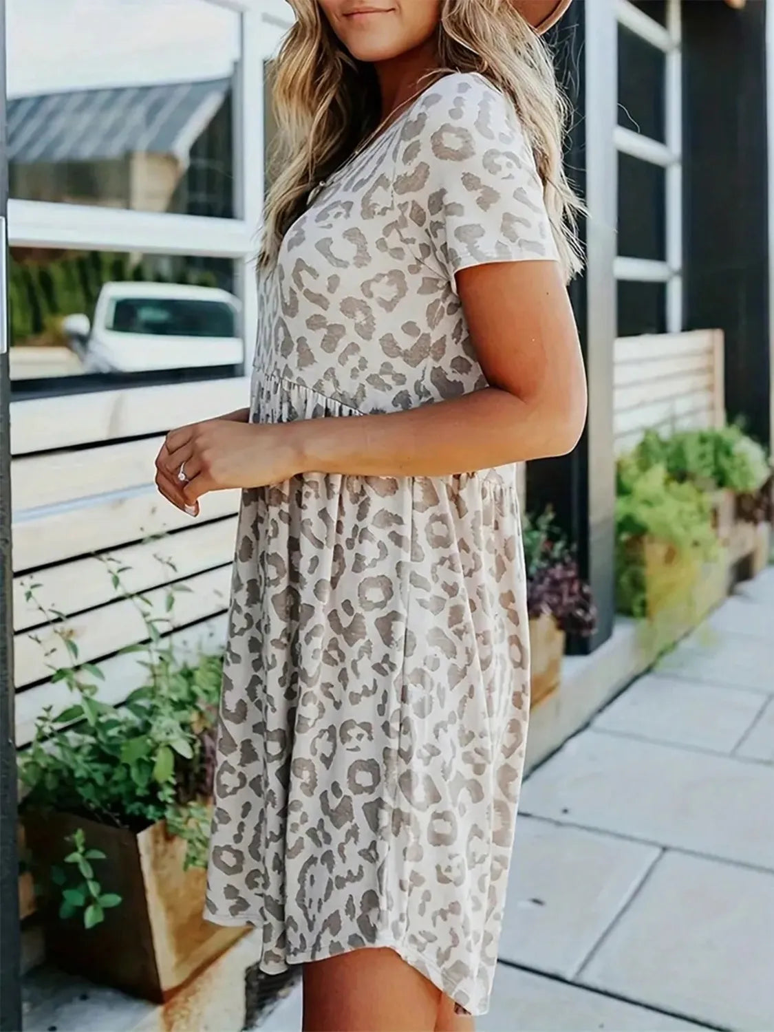 Leopard Print Round Neck Short Sleeve Mini Tee Dress - Stretchy & Comfortable Fashion Essential