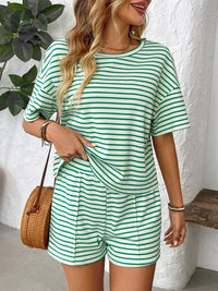 Striped Round Neck Short Sleeve Top and Shorts Set Green