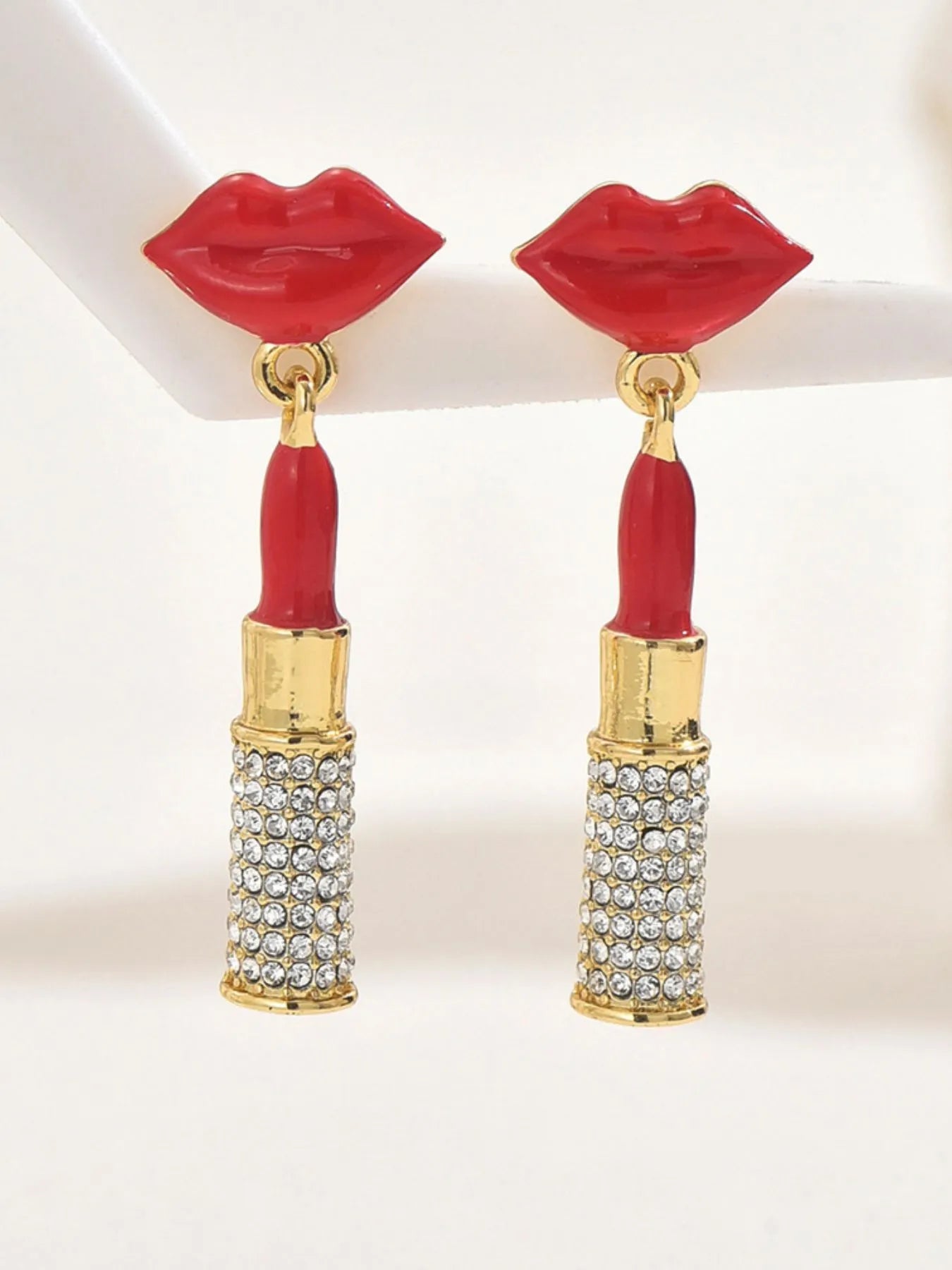 Stainless Steel Resin Lips Lipstick Rhinestone Earrings