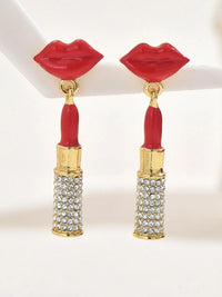 Stainless Steel Resin Lips Lipstick Rhinestone Earrings