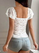Elegant Lace V-Neck Flutter Sleeve Top - Oversized & Slightly Stretchy Fashion Piece - Store 42