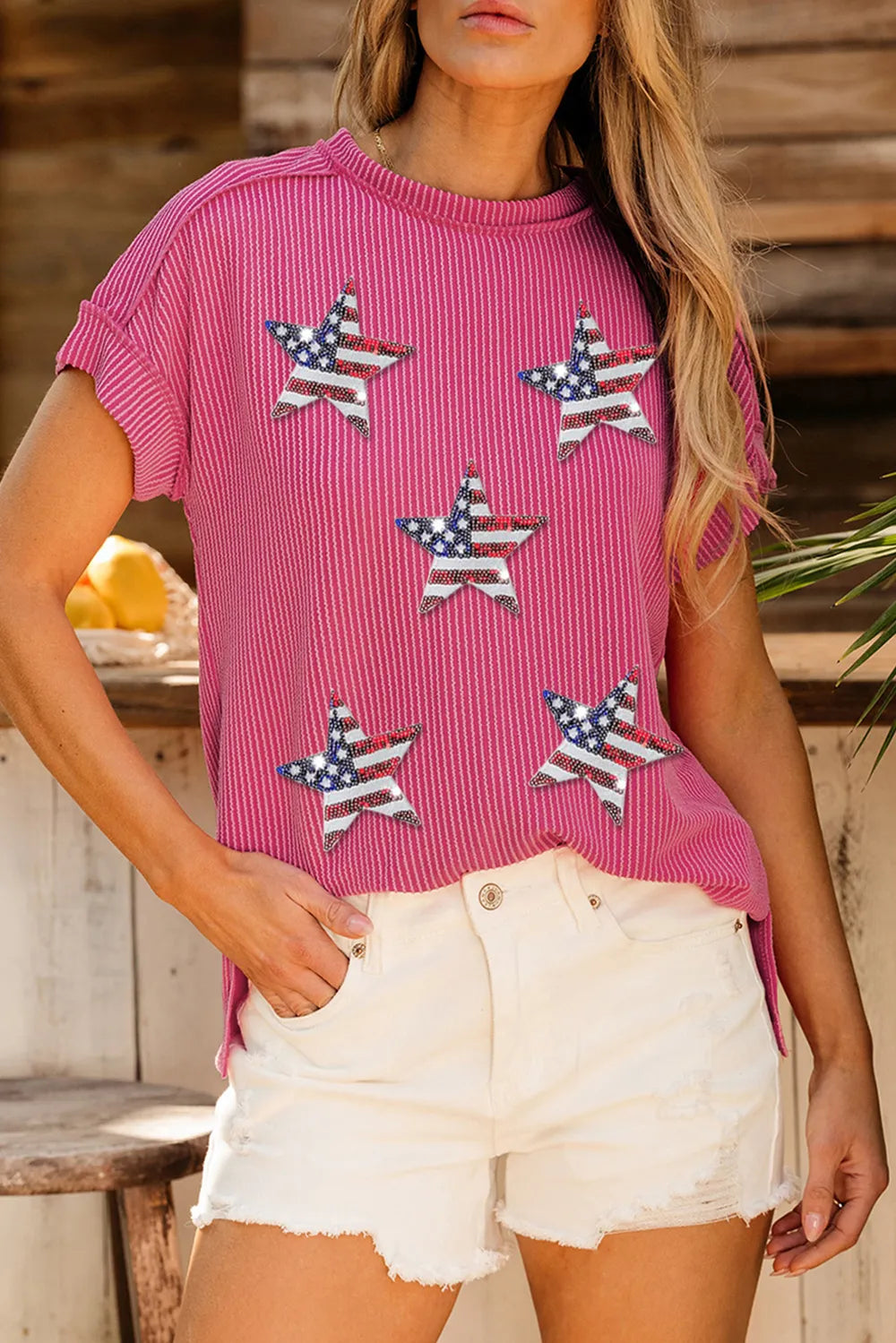 Sequin Detail Exposed Seam Star Round Neck Short Sleeve Top - Opaque Fabric, Stylish Fit