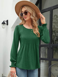 Stylish Smocked Round Neck Blouse With Lantern Sleeves - Opaque 65% Rayon, 35% Polyester - Store 42