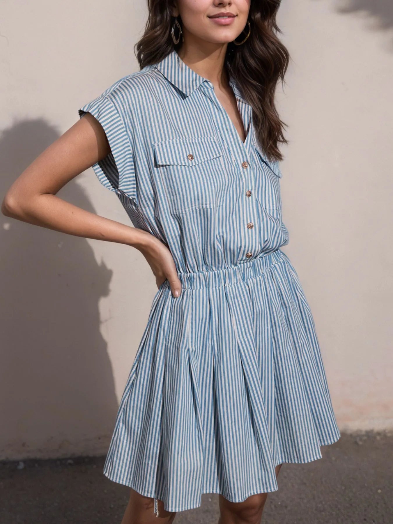 Hlaf Button Striped Cap Sleeve Mini Shirt Dress