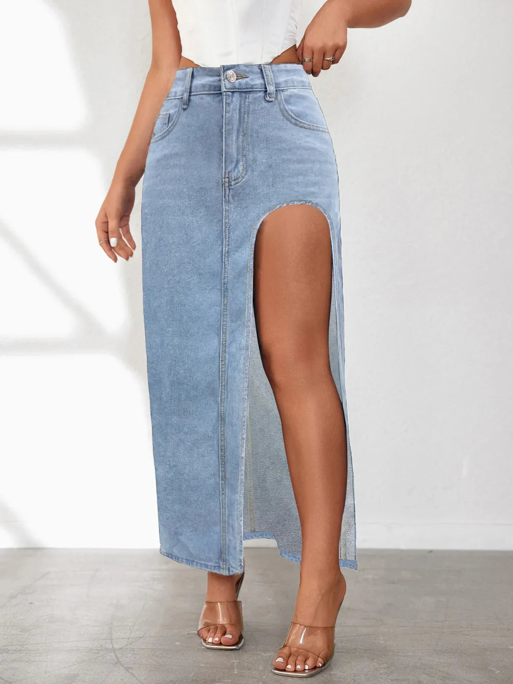 High Rise Slit Denim Skirt Light Blue