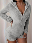 Furry Half Zip Long Sleeve Hooded Bodysuit - Store 42