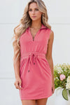 French Terry Zipped Collar Sleeveless Drawstring Waist Mini Dress Burnt Coral