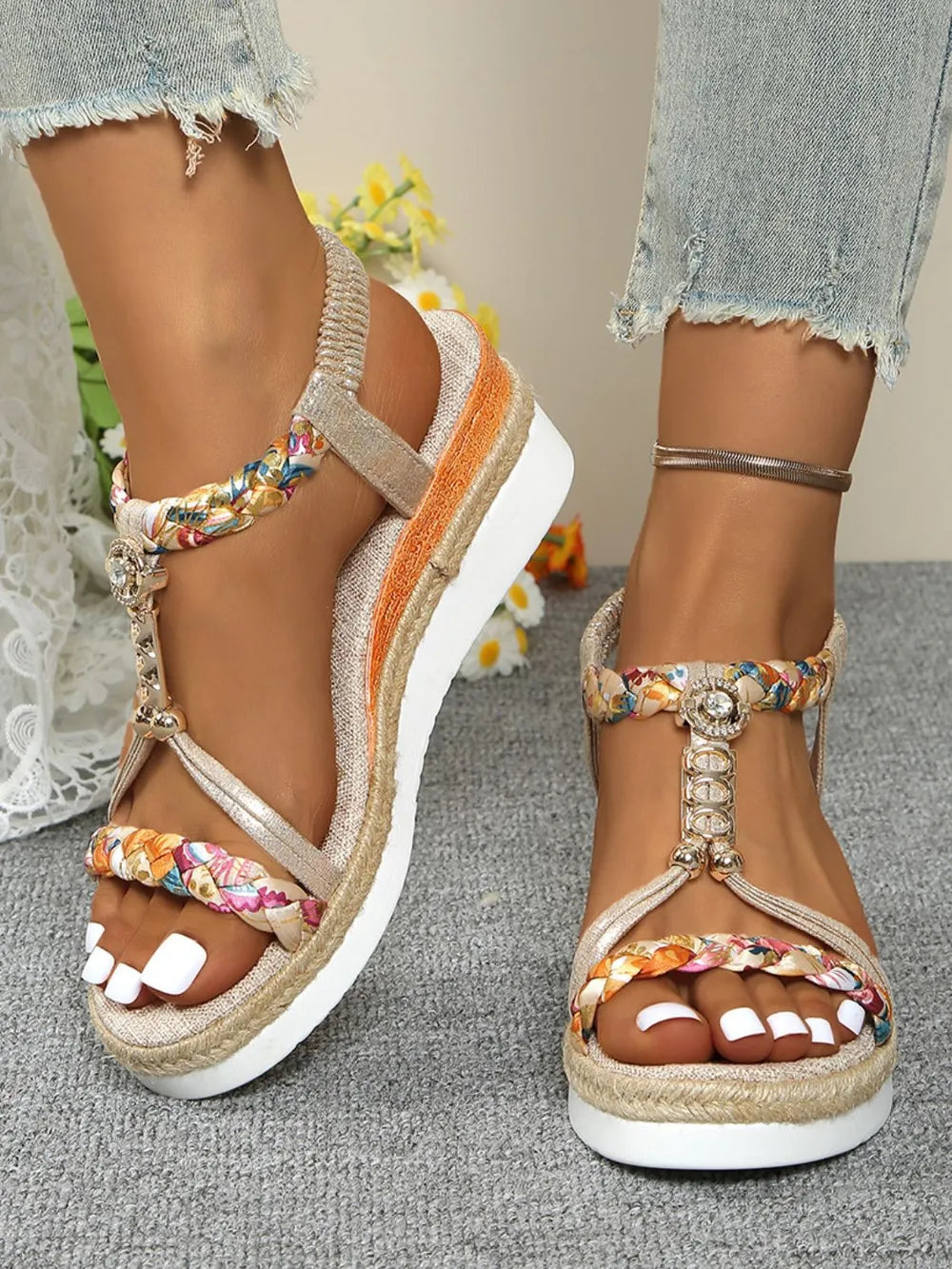 Stylish Contrast Woven Wedge Sandals with Mid Heel - Trendy Rubber and PU Footwear