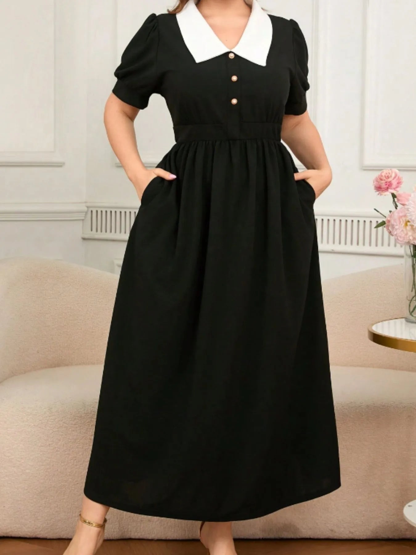 Plus Size Short Sleeve Dress with Contrast Collar, Pockets & Decorative Button - Stretchy Comfort