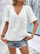 Slightly Stretchy Embroidered V-Neck Short Sleeve Top With Button Detail - 88% Viscose - Store 42