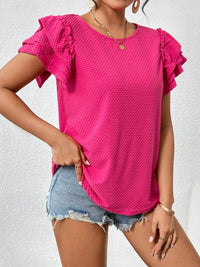 Stylish Round Neck Ruffle Sleeve T-Shirt in Waffle Knit - Slightly Stretchy Polyester Top - Store 42