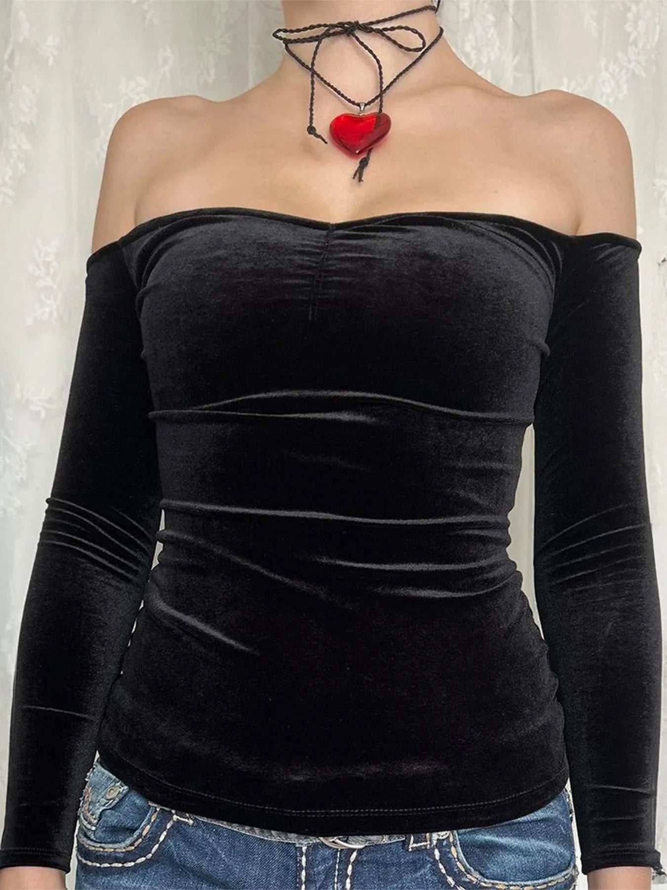 Trendy Off-Shoulder Long Sleeve Ruched Top with Moderate Stretch - 92% Polyester, 8% Elastane