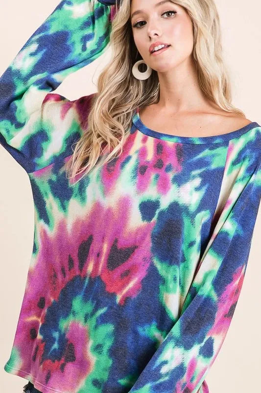 BiBi Oversized Tie Dye Terry Top with Puff Sleeves in Blue, Pink, and Green Hues