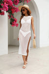 Cutout Openwork Round Neck Sleeveless Cover-Up White