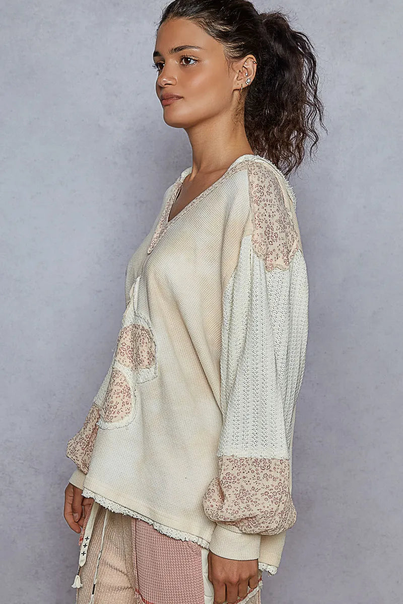Bohemian POL Raw Hem Hoodie with Flower Patch, Balloon Sleeves & Lace Trim, Cream
