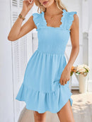 Smocked Square Neck Wide Strap Dress