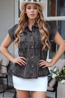 Short Sleeve Flap Pocket Button Up Raw Hem Denim Shirt Black